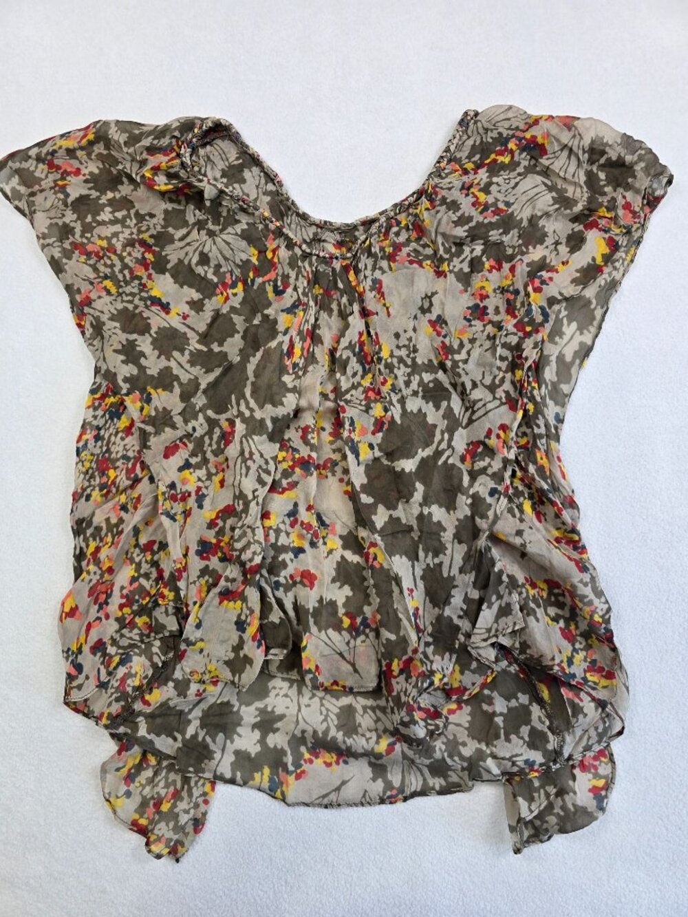 Anthropologie Postella Medium 100% Silk Floral Blouse Batwing Gray Yellow